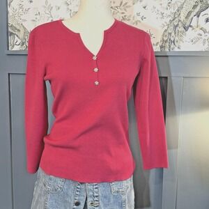Talbots Sweater Women's Small Silk Blend Pink V-Neck 3/4 Sleeve Rhinestone